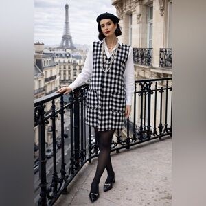 🧵 HANDMADE (by me!) Black and White Checkered Tweed Vest Dress M/L